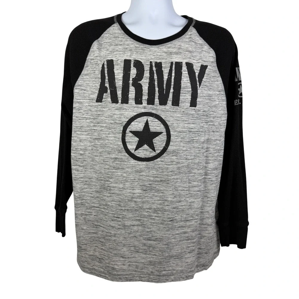 U.S. Army Men's Large Raglan Thermal Shirt Grey Black Waffle‎ Sleeve Graphic
